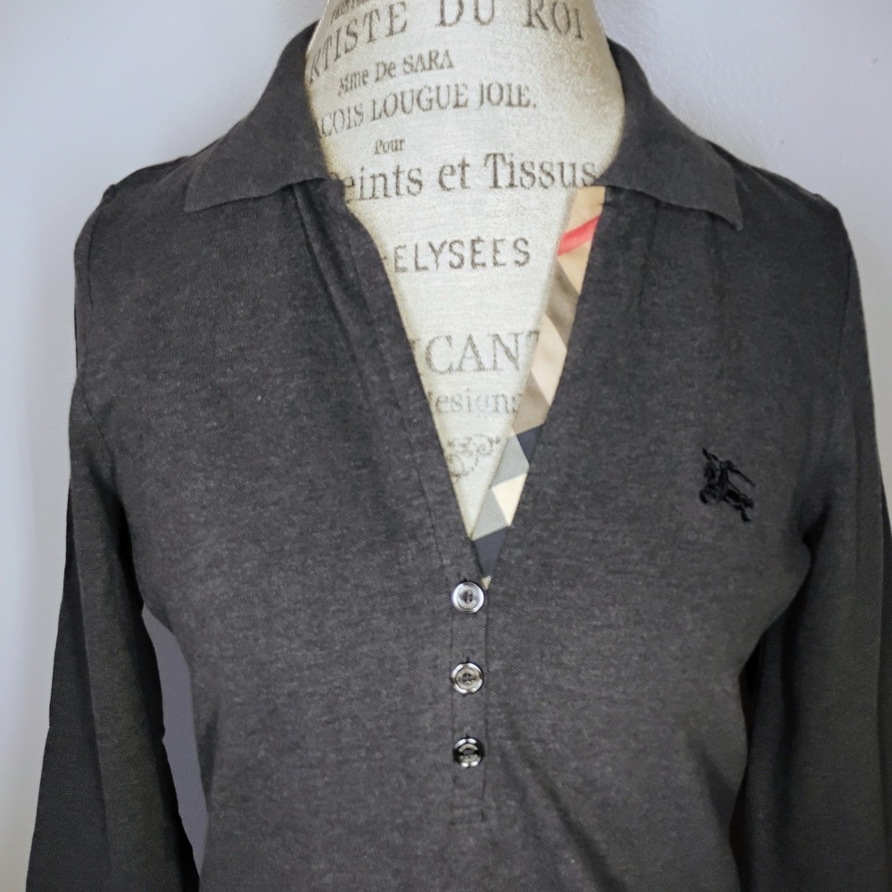 Burberry London Polo Shirt Womens XL Gray Check Trim 3/4 Sleeves Preppy Classic - Picture 2 of 10